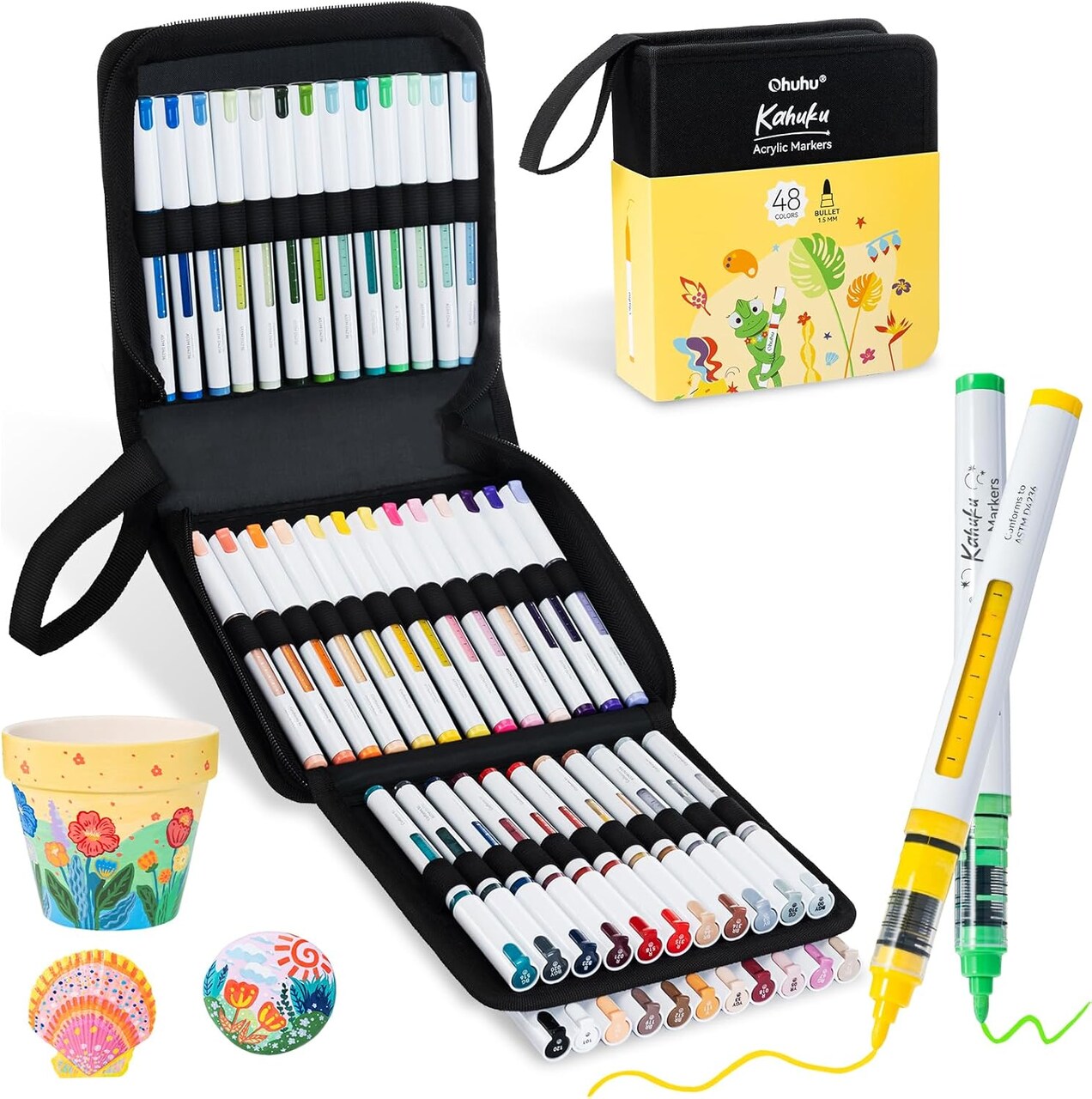 Ohuhu Acrylic Paint Markers Brush/Bullet Tip: 48/72/120 Colors Automatic Ink Control Acrylic Markers High Opacity Paint Pens Water-Resistant Lightfast for Rock Painting 3D Prints Easter Egg Wood DIY Crafts - Kahuku